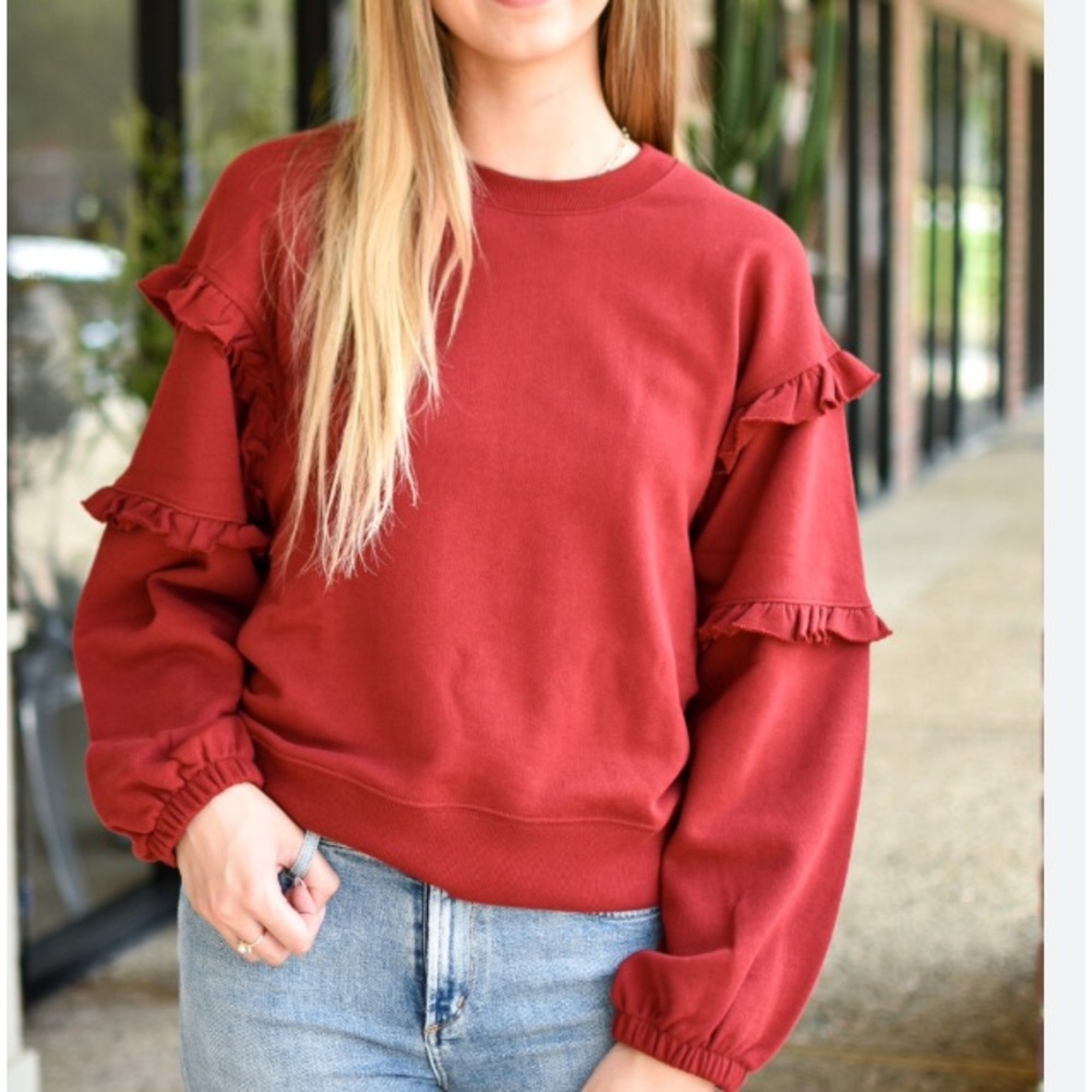 Rebecca Minkoff Evelyn Long Balloon Sleeve Crew Neck Ruffle Evelyn Sweater